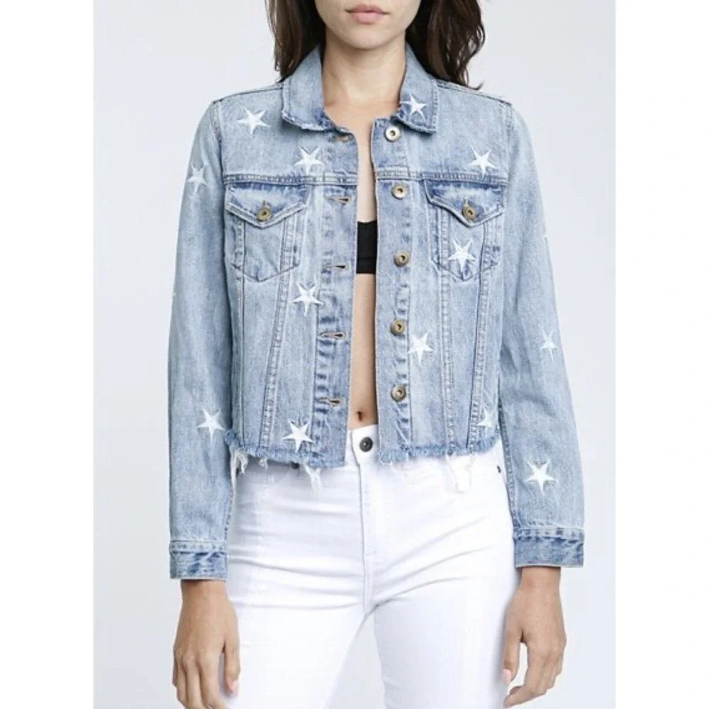 Pistola Brando Star Embroidery Denim Jacket in Zodiac Blue Womens Small Cotton‎